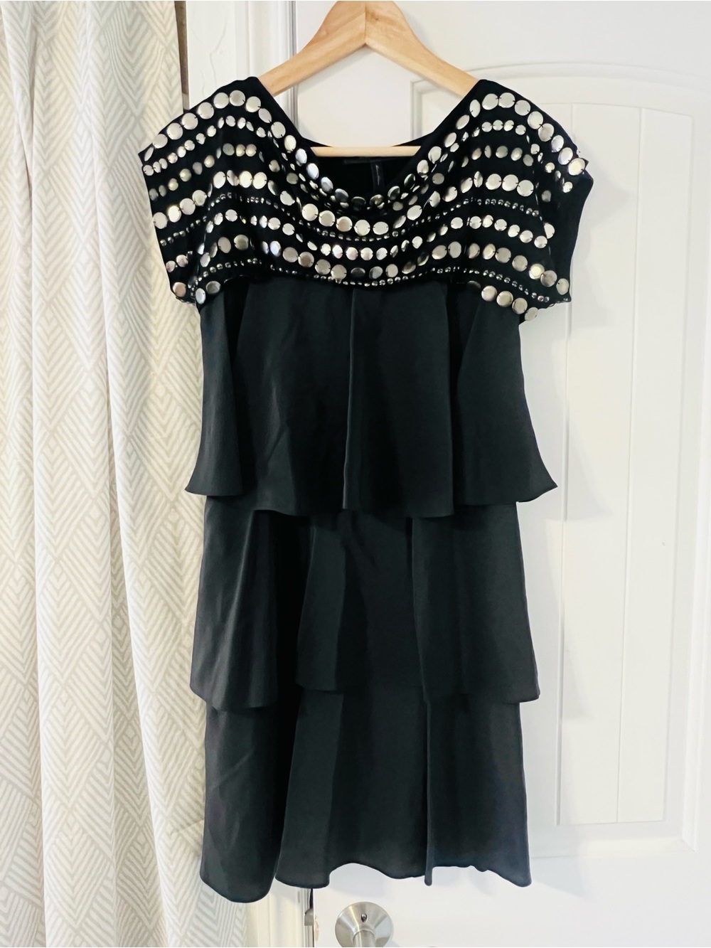 BCBGMaxAzria Black Midi Dress with Silver Token Sequin Yoke XXS